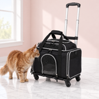 Compact Rolling Pet Carrier – 5.5kg Cat Limit, shown with a ginger Maine Coon in an empty light pink room.