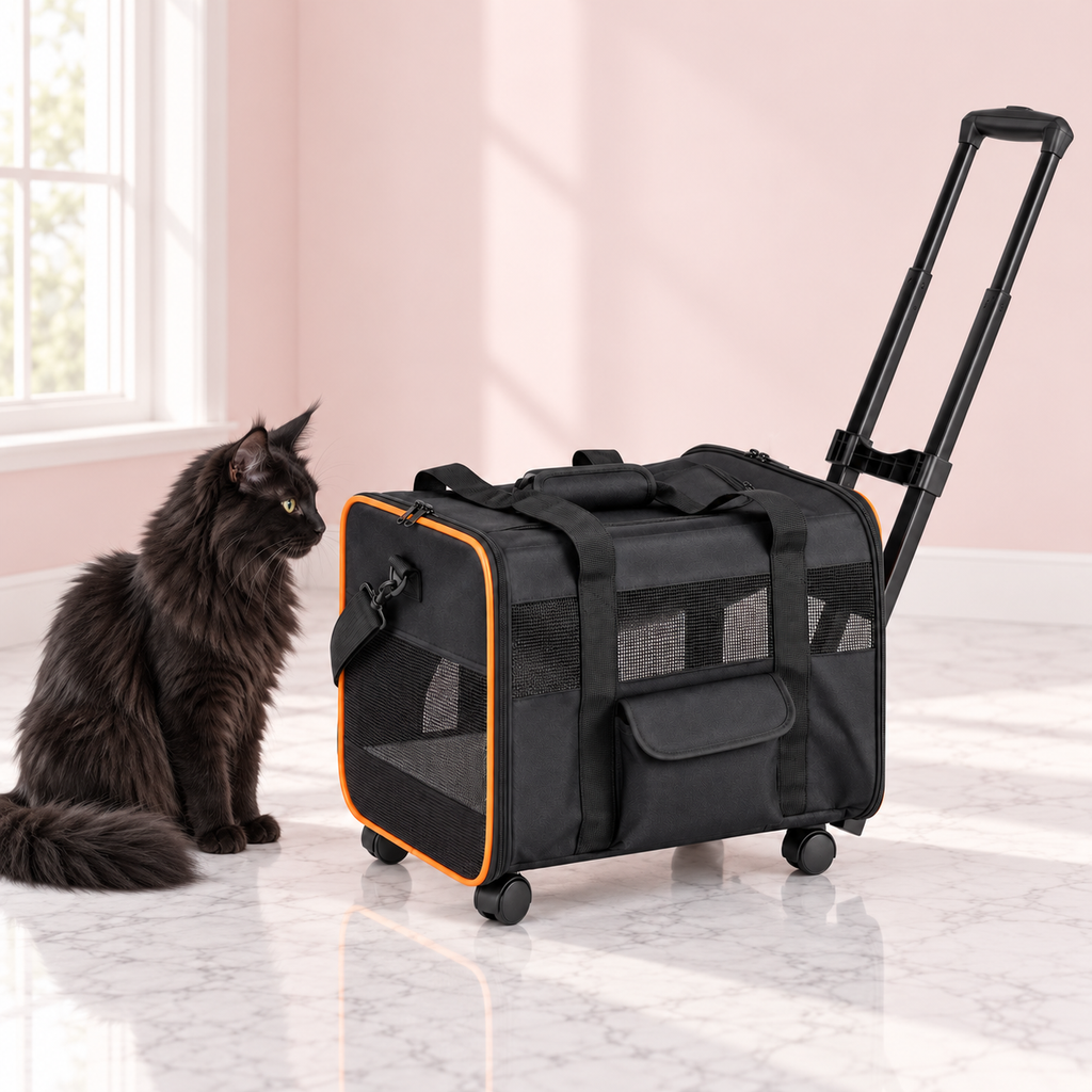 Compact Rolling Pet Carrier – Washable Pad, 15kg Limit, shown with a black Maine Coon in an empty light pink room.