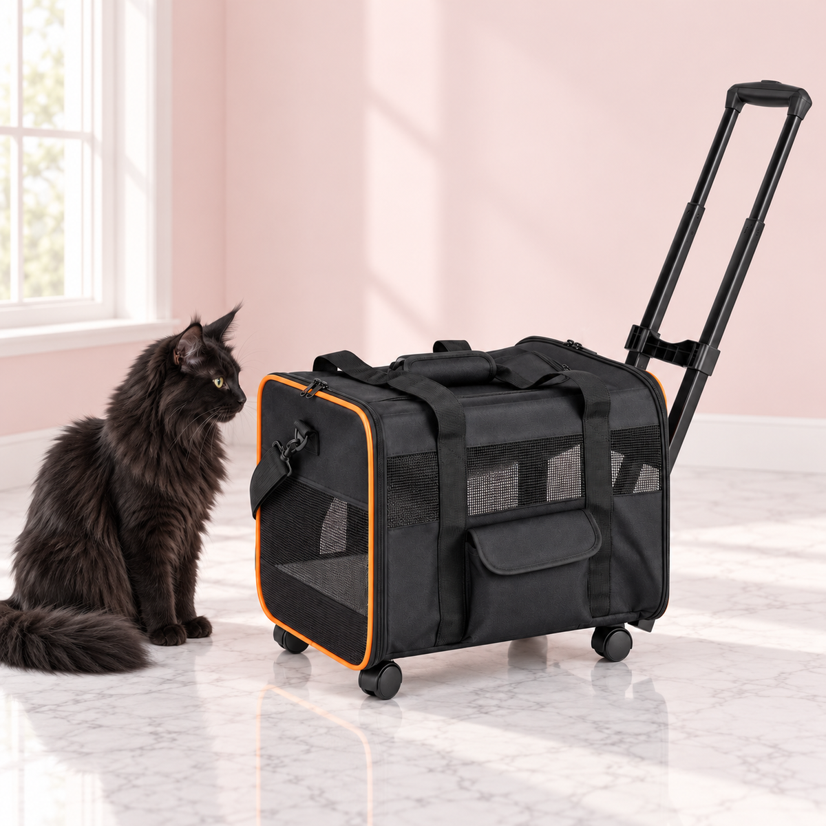 Compact Rolling Pet Carrier – Washable Pad, 15kg Limit, shown with a black Maine Coon in an empty light pink room.