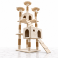 Cream cat tower with two condos and three perches on white marble