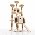 Cream cat tower with two condos and three perches on white marble