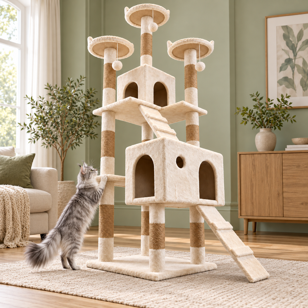Silver and white Maine Coon exploring a cream cat tower in a sage room