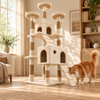 Orange and white Maine Coon investigating the lower ramp in a warm reading room