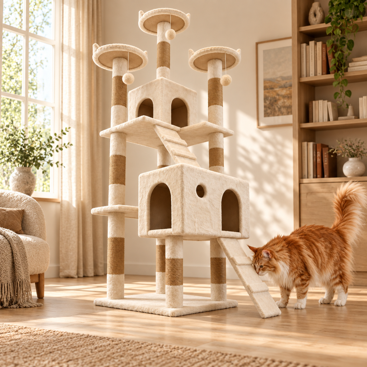 Orange and white Maine Coon investigating the lower ramp in a warm reading room