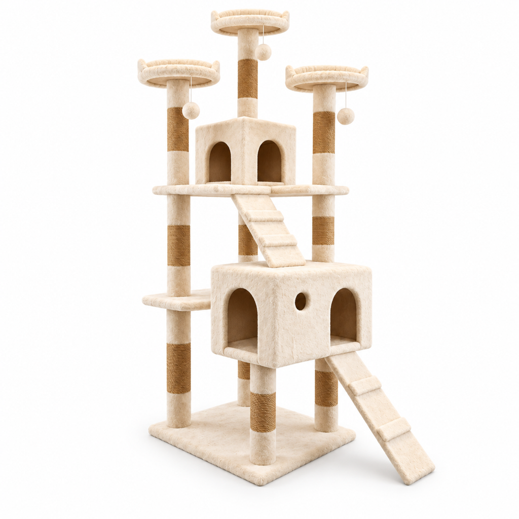 Cream cat tower showing the two condos, three perches and connecting ramps