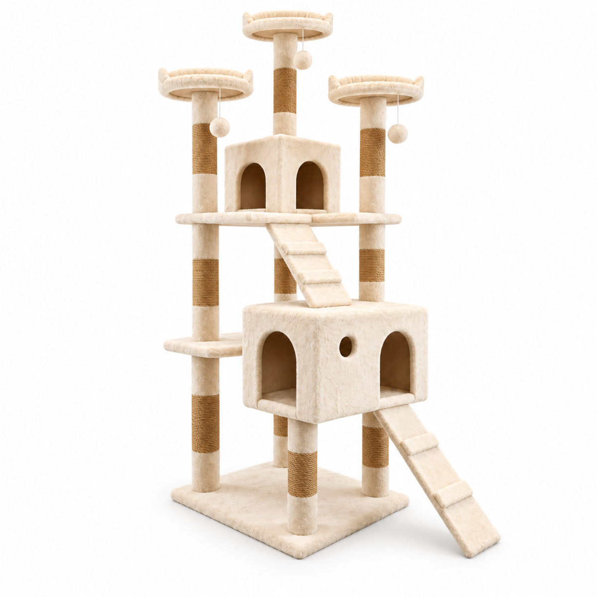 Cream cat tower showing the two condos, three perches and connecting ramps