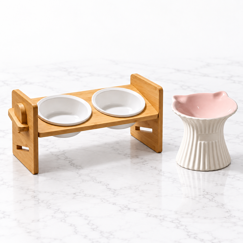 Dining Duo bamboo feeding stand with two white bowls and pink-and-white pedestal bowl on white marble