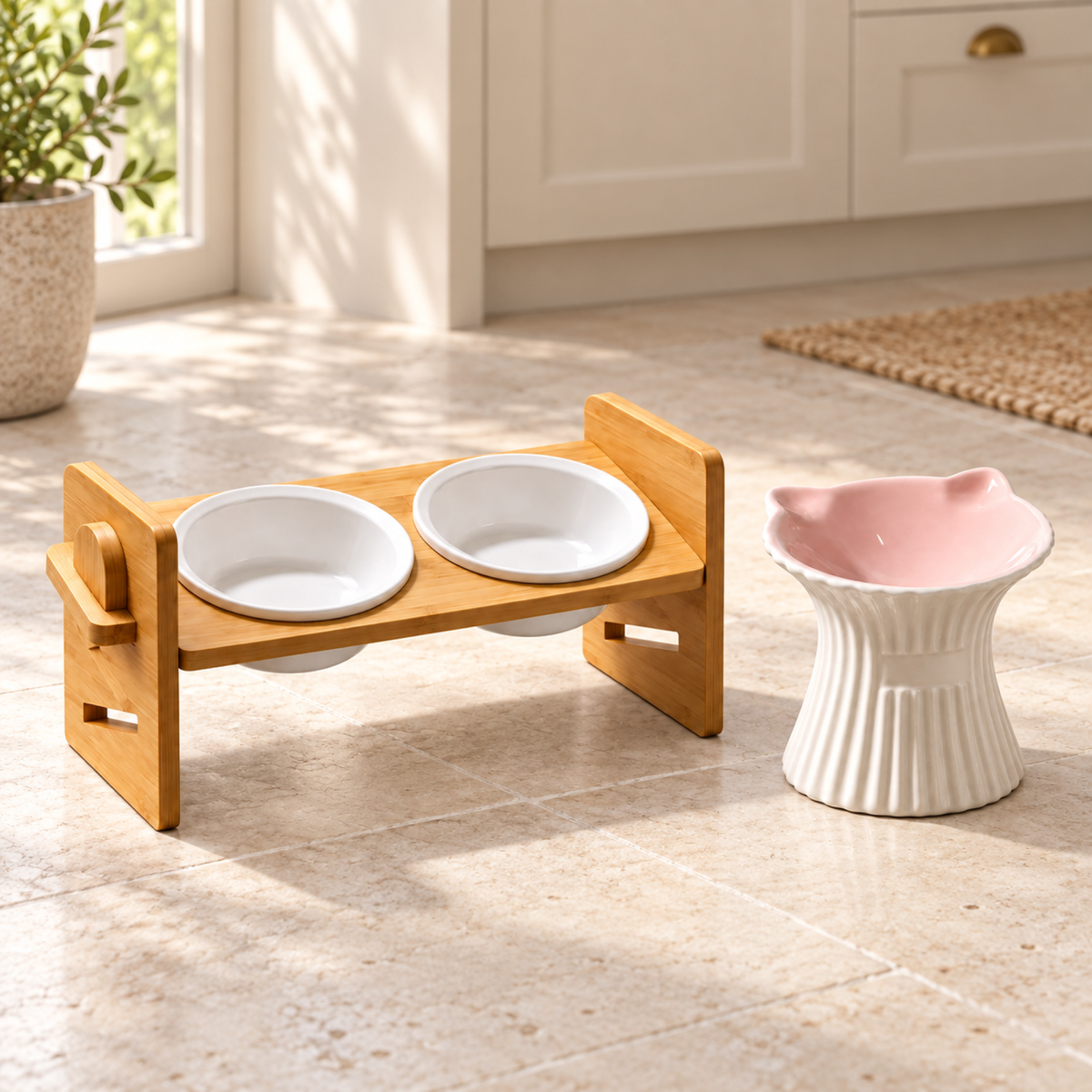 Dining Duo feeding stand and pedestal bowl in a cream kitchen