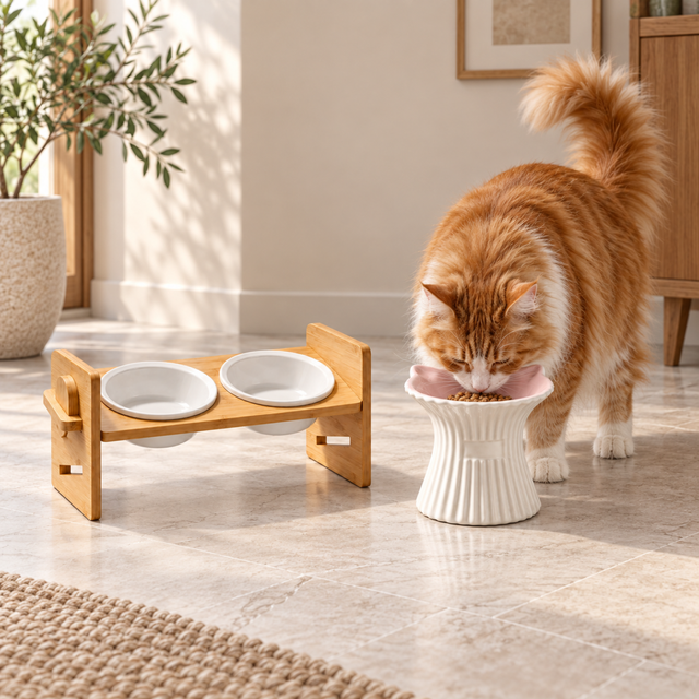 Generated scene of an orange-and-white Maine Coon eating from the Dining Duo pink pedestal bowl