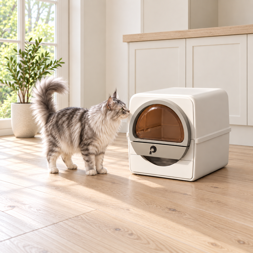 Generated scene of a silver-and-white Maine Coon exploring The Dome entrance from outside