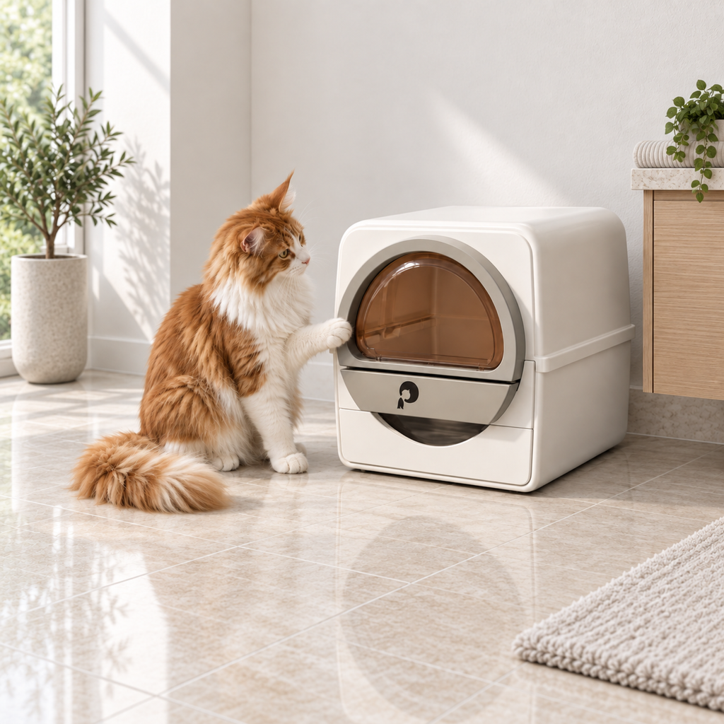 Generated scene of an orange-and-white Maine Coon touching the outside of The Dome entrance