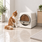 Generated scene of an orange-and-white Maine Coon touching the outside of The Dome entrance