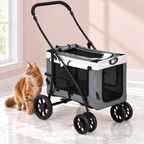 Folding Pet Stroller with Detachable Carrier – 10kg Limit, shown with a ginger Maine Coon in an empty light pink room.