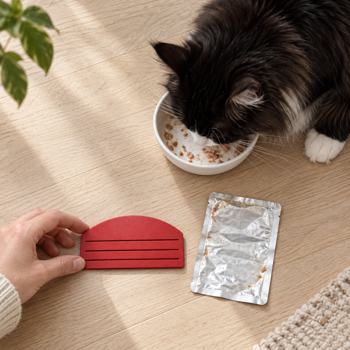 Illustrative black-and-white Maine Coon finishing its meal beside the red squeezer and flattened empty pouch