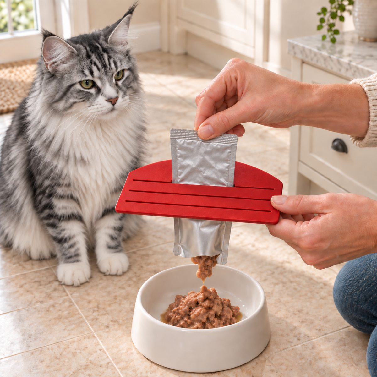 Silver-white Maine Coon watching a food pouch being emptied with its pulled-through section flat