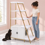 Cat Litter Box Cabinet 149 cm | Steps – The Gilded Litter Library, White / Gold shown with a black Maine Coon in an empty light pink room.