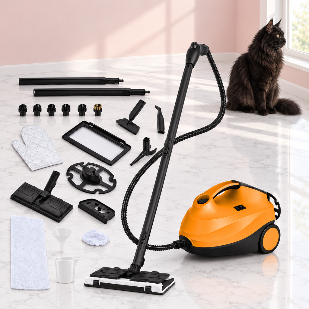 1.5L Steam Cleaner with Accessory Set with a black Maine Coon in a light pink room