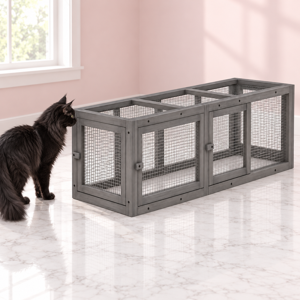 Large Cat Outdoor Tunnel 150cm – Modular Wooden Catio Run, shown with a black Maine Coon in an empty light pink room.