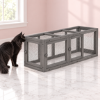 Large Cat Outdoor Tunnel 150cm – Modular Wooden Catio Run, shown with a black Maine Coon in an empty light pink room.