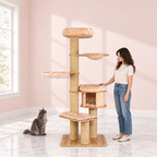 Wooden Cat Tree 191 cm – The Linden Lookout in an empty light pink room with white marble flooring and a smoky grey Maine Coon looking toward the product.