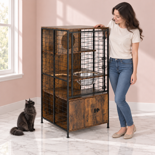 Cat Cabinet with Storage and Mesh Door with a black Maine Coon in a light pink room