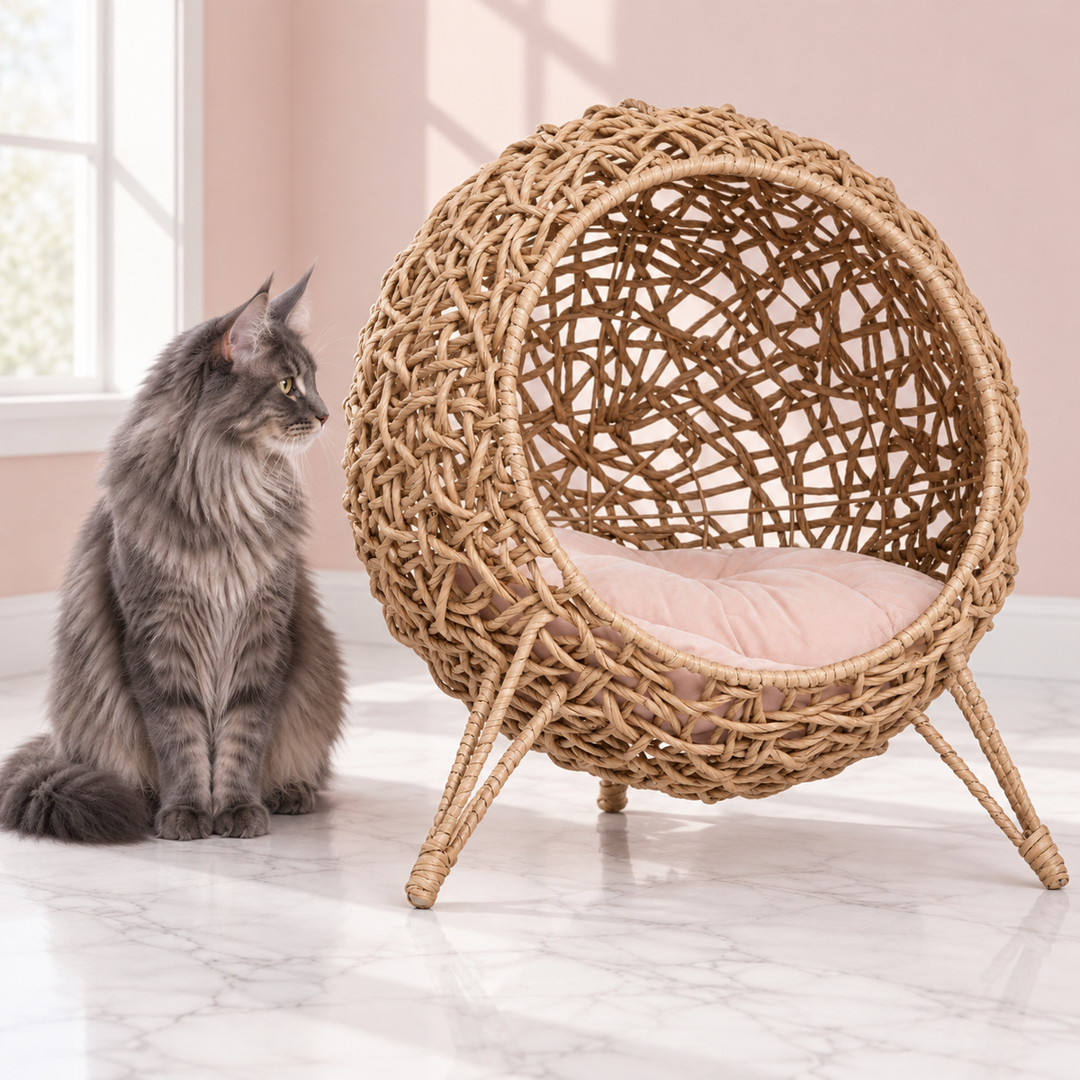 Large Cat Rattan Pod Bed – Elevated Wicker Cave, shown with a smoky grey Maine Coon in an empty light pink room.