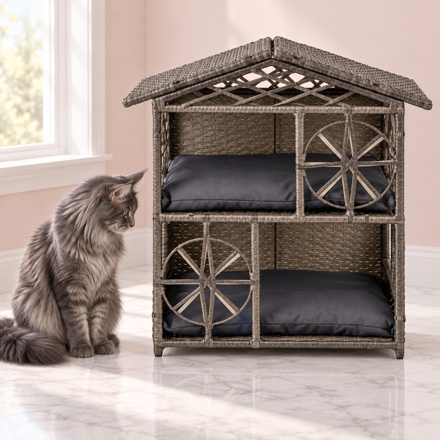 Maine Coon Cat House 70cm | Two-Tier Wicker Bed – Wicker Maison