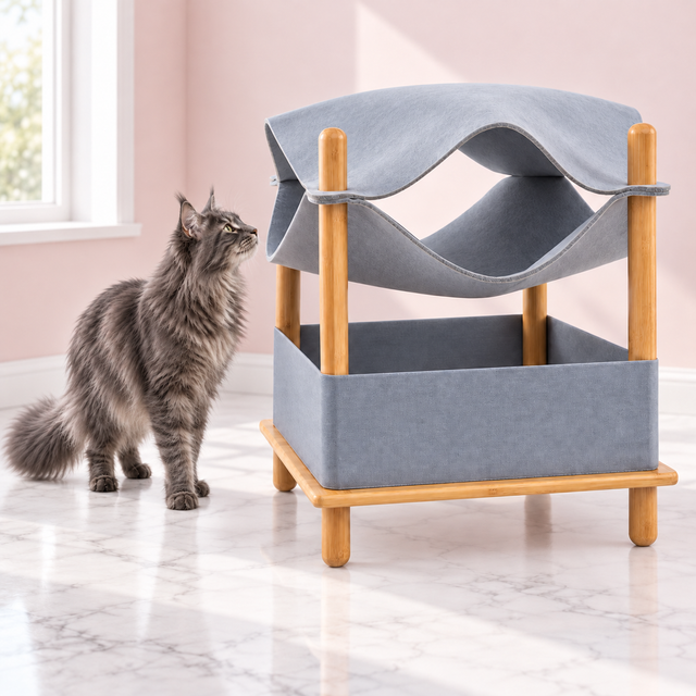 Large Cat Bamboo Bed – Convertible Felt Condo & Hammock