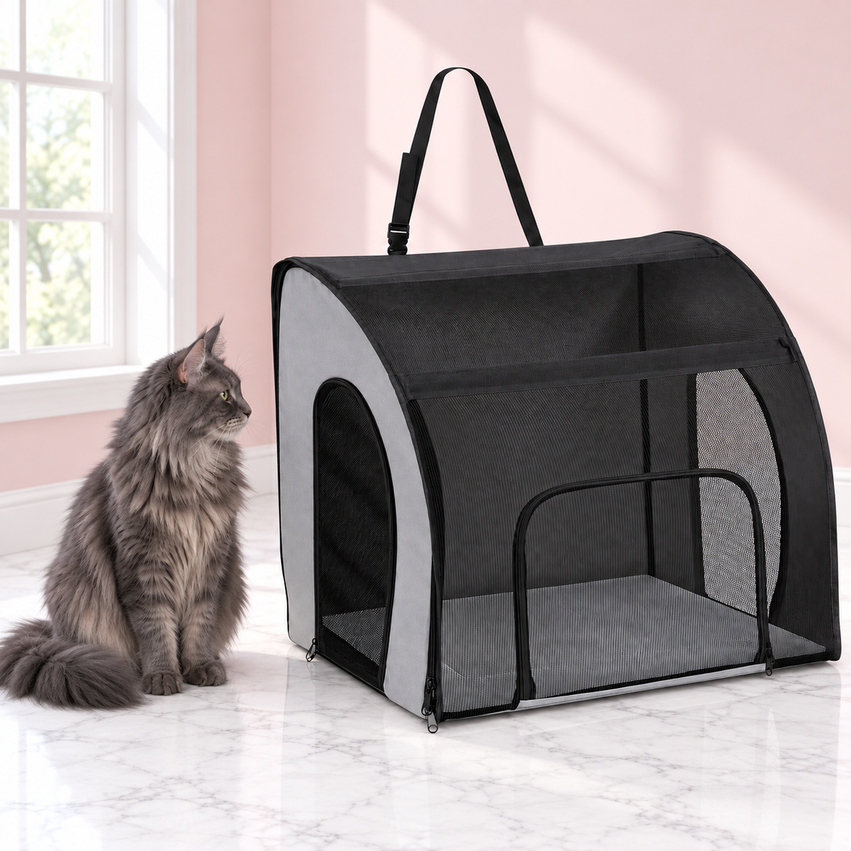 Cat Travel Carrier Large, Medium and Small – The Journey Cabin, Large variant shown, with a smoky grey Maine Coon looking away from camera in an empty light pink room.