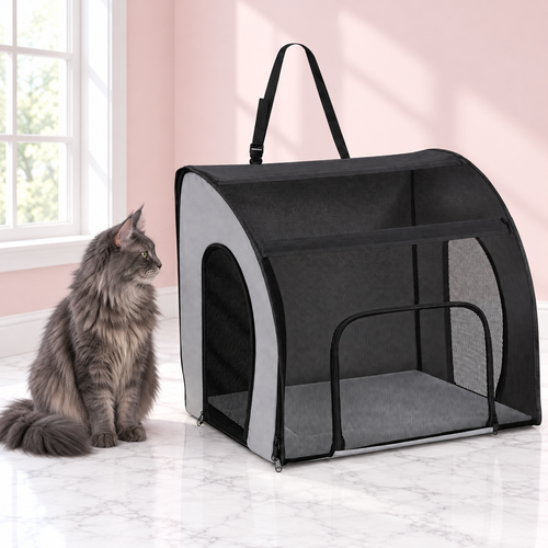 Cat Travel Carrier Large, Medium and Small – The Journey Cabin, Large variant shown, with a smoky grey Maine Coon looking away from camera in an empty light pink room.
