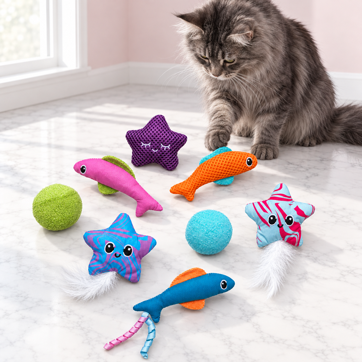 Fish Bowl 8-Piece Ocean Cat Toy Set – The Ocean Chest, MULTI / MEDIUM shown, with a smoky grey Maine Coon in an empty light pink room.
