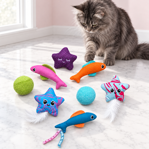 Fish Bowl 8-Piece Ocean Cat Toy Set – The Ocean Chest, MULTI / MEDIUM shown, with a smoky grey Maine Coon in an empty light pink room.