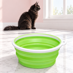Bamboo Silicone Travel Bowls – The Roaming Bowls, ASSORTED COLORS / 1-CUP shown, with a black Maine Coon in an empty light pink room.
