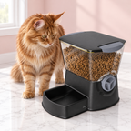 Nano Click Manual Pet Feeder – The Pantry Feeder, BLACK / ONE SIZE shown, with a ginger Maine Coon in an empty light pink room.