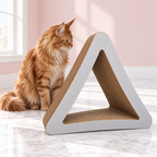 Three-Sided Vertical Cat Scratcher – The Trifold, WARM GRAY / STANDARD shown, with a ginger Maine Coon in an empty light pink room.