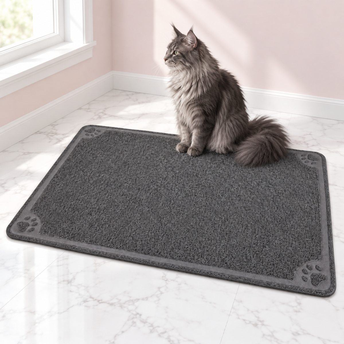 Extra Large Litter Catcher Mat 47 × 32 Inches – The Landing Mat, STONE / XLARGE shown, with a smoky grey Maine Coon in an empty light pink room.