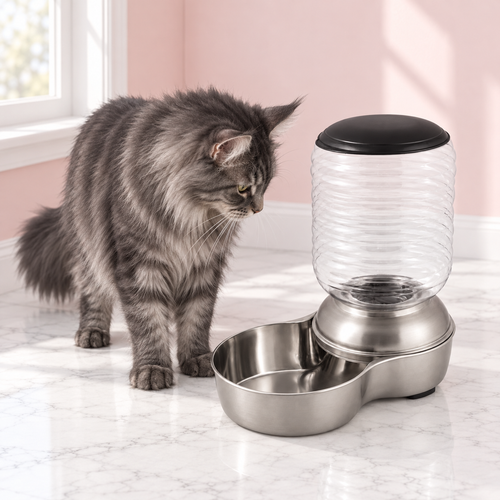 5 lb. Stainless Steel Replendish Feeder – The Silver Pantry, STAINLESS STEEL / ONE SIZE shown, with a smoky grey Maine Coon in an empty light pink room.