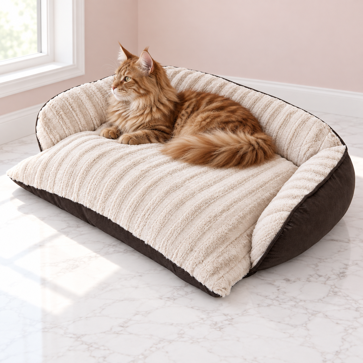Comfy Couch Pet Bed – The Fireside Couch, CREAM/BROWN / LARGE shown, with a ginger Maine Coon in an empty light pink room.