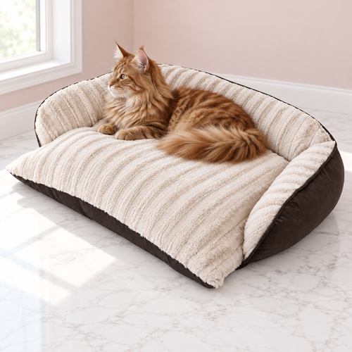 Comfy Couch Pet Bed – The Fireside Couch, CREAM/BROWN / LARGE shown, with a ginger Maine Coon in an empty light pink room.