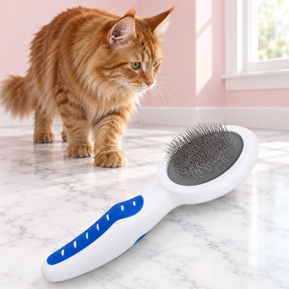Cat Slicker Brush – The Silken Brush, ASSORTED COLORS / SMALL - CAT variant shown, with a ginger Maine Coon looking away from camera in an empty light pink room.