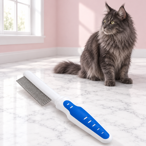 Cat Comb – The Silken Comb, ASSORTED COLORS / ONE SIZE variant shown, with a smoky grey Maine Coon looking away from camera in an empty light pink room.