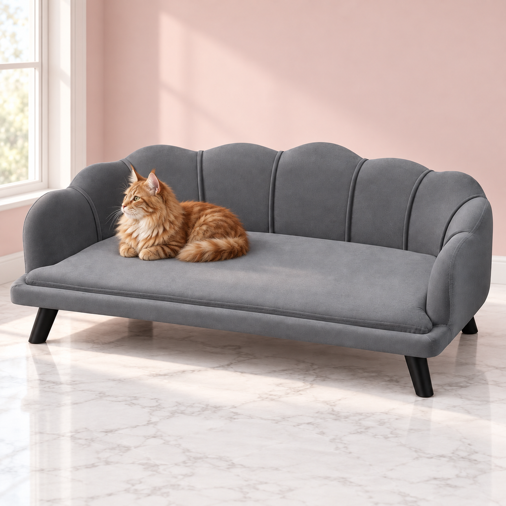 Extra-Large Maine Coon Cat Sofa – Washable Grey Pet Bed, shown with a ginger Maine Coon in an empty light pink room.