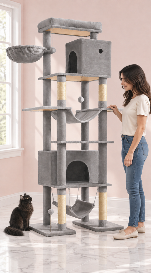 Cat Tree 201 cm – The Grand Summit with a black Maine Coon in a light pink room