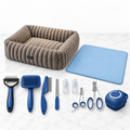 Blue nine-piece grooming set, taupe bed and blue mat on white marble
