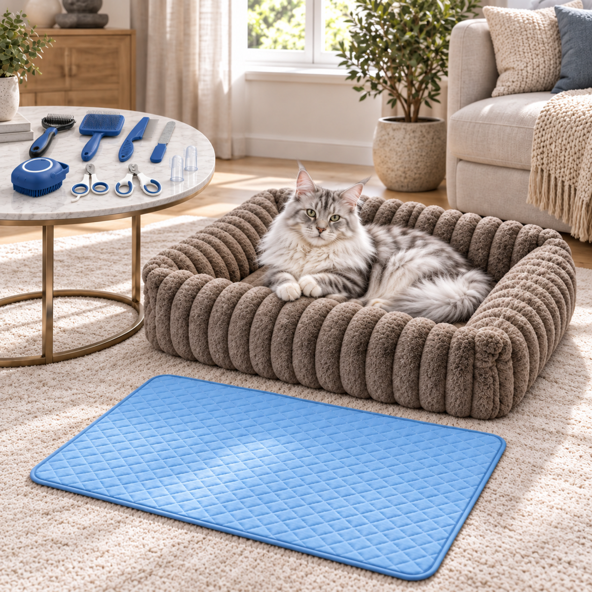 Silver and white Maine Coon resting in taupe bed beside blue mat and grooming tools