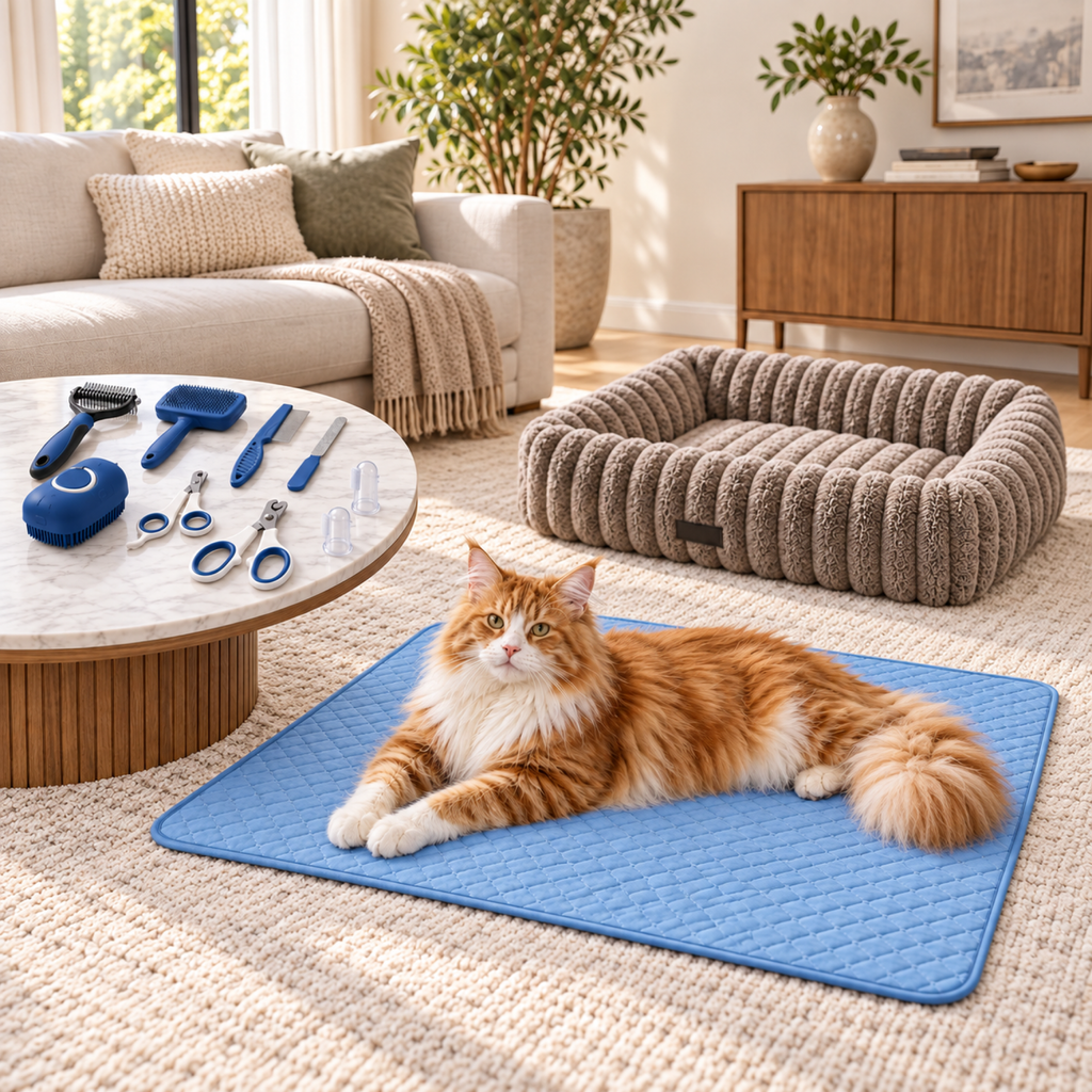 Orange and white Maine Coon resting on blue mat beside taupe bed and grooming tools