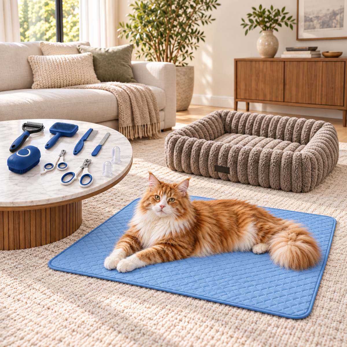 Orange and white Maine Coon resting on blue mat beside taupe bed and grooming tools