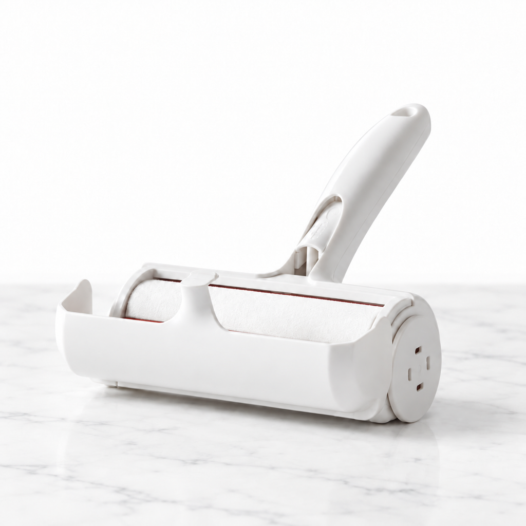 White reusable pet hair roller on subtle white marble
