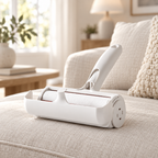 White pet hair roller on a linen sofa in an elegant living room