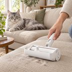 Pet hair roller used on sofa fabric beside a silver and white Maine Coon